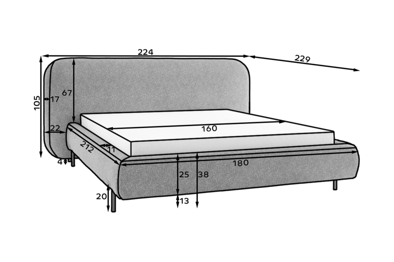 Upholstered bed 160x200 - Bed Pointt, metal frame, gas lift, bedding box 160x200 (Pull-out bed with storage box)