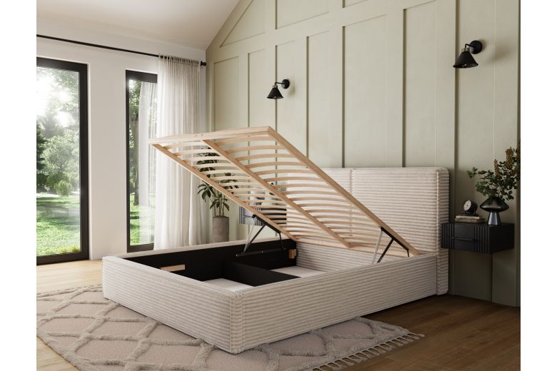 Upholstered bed - Bed Pesillo wooden frame, spring lift, storage container (Pull-out bed with storage box)