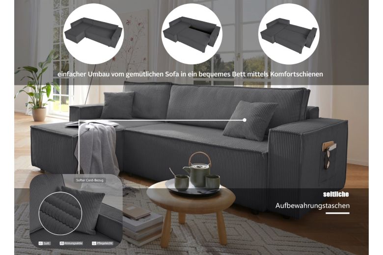 Corner sofa - Cassi (Pull-out bed with storage box)