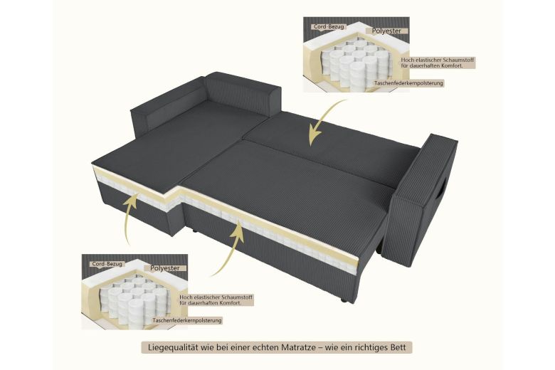 Corner sofa - Cassi (Pull-out bed with storage box)