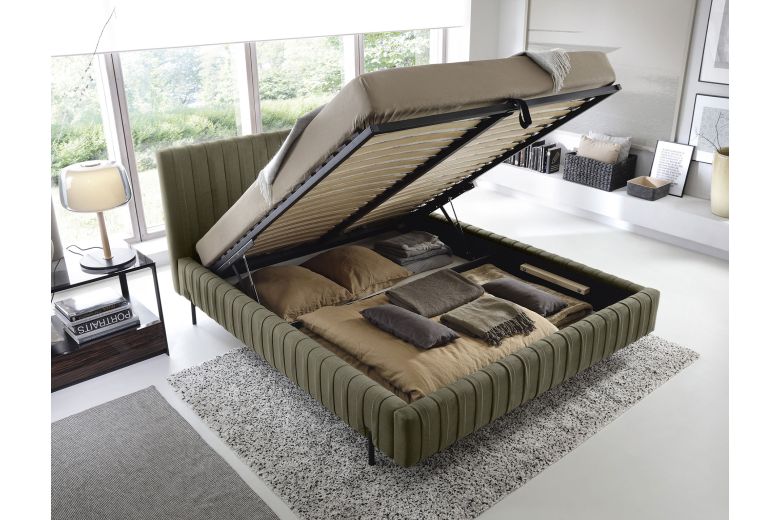 Upholstered bed - Bed Plissa, metal frame, gas lift, bedding box (Pull-out bed with storage box)