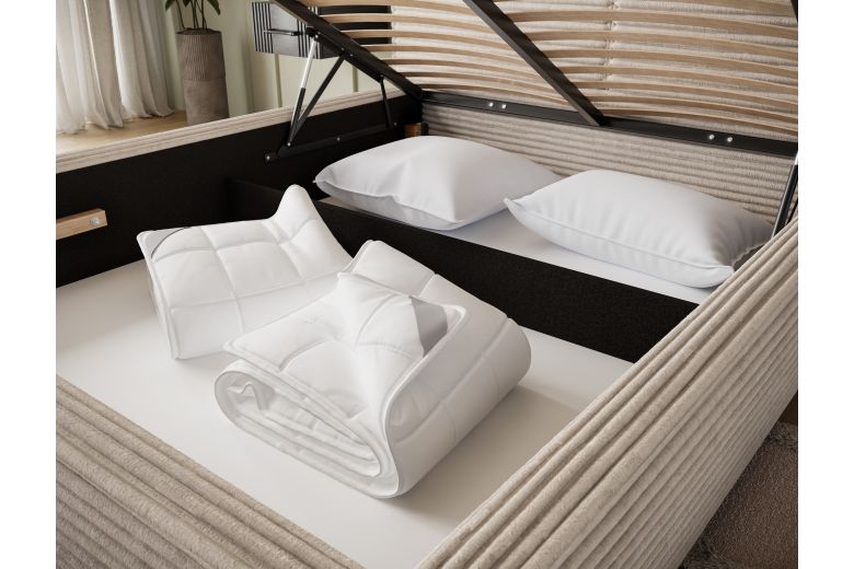 Upholstered bed - Bed Pesillo metal frame, gas lift, storage container (Pull-out bed with storage box)