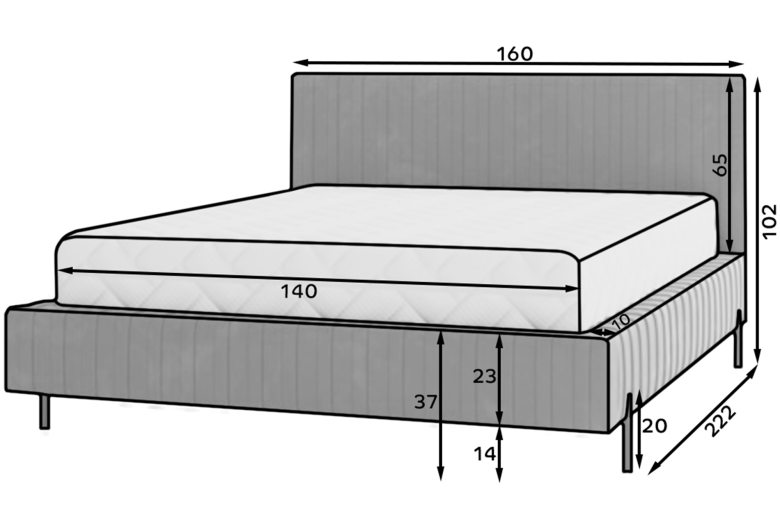 Upholstered bed - Bed Plissa, metal frame, gas lift, bedding box (Pull-out bed with storage box)