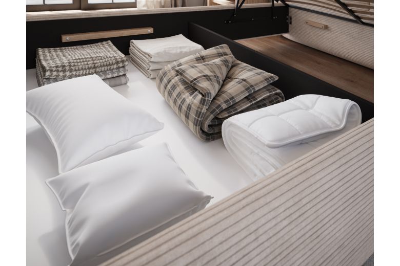 Upholstered bed - Bed Ollival with metal frame and storage box (Pull-out bed with storage box)