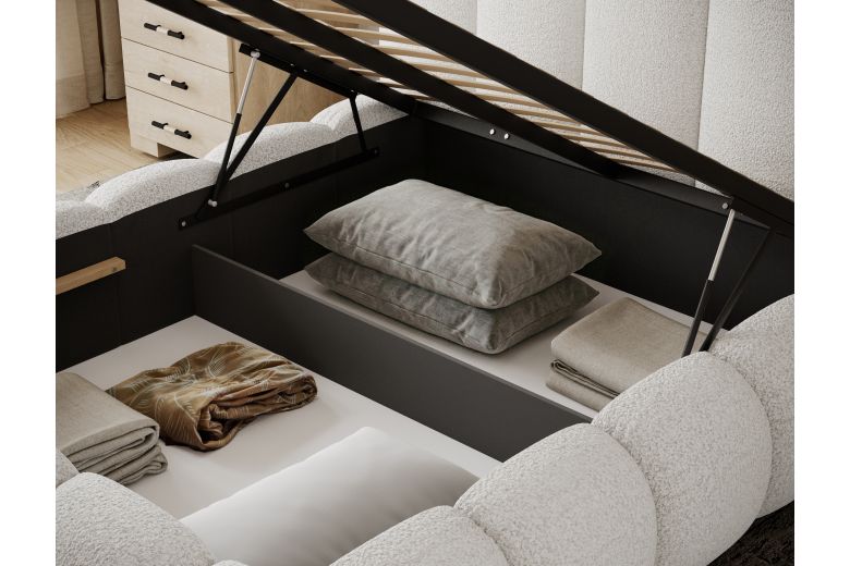 Upholstered bed - Oloroso bed with metal frame and storage compartment (Pull-out bed with storage box)