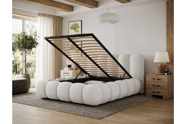 Upholstered bed - Oloroso bed with metal frame and storage compartment (Pull-out bed with storage box)