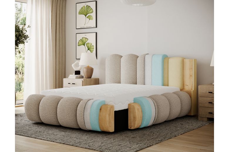 Upholstered bed - Oloroso bed with metal frame and storage compartment (Pull-out bed with storage box)