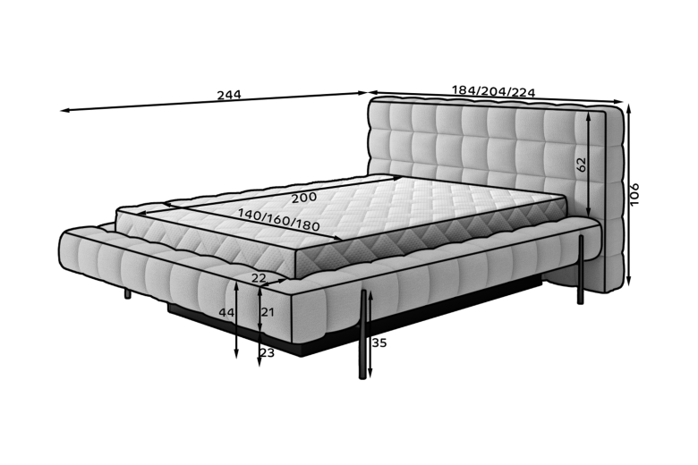 Upholstered bed - Bed Magentta, metal frame, gas lift, bedding box (Pull-out bed with storage box)