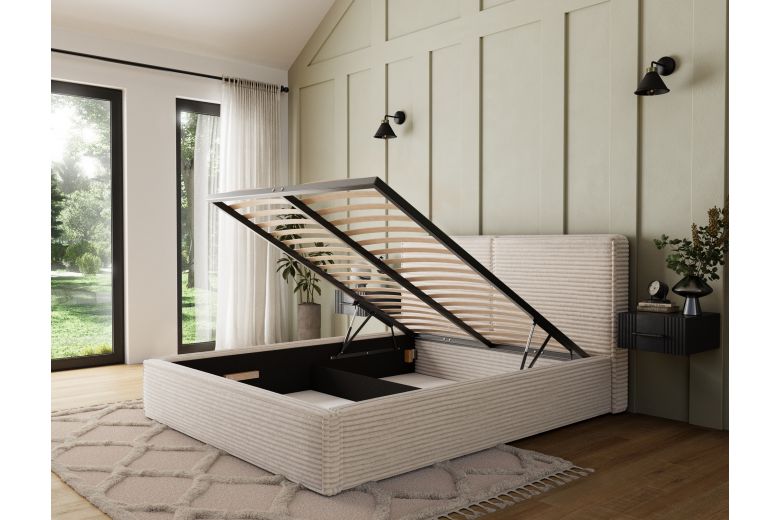 Upholstered bed - Bed Pesillo metal frame, gas lift, storage container (Pull-out bed with storage box)